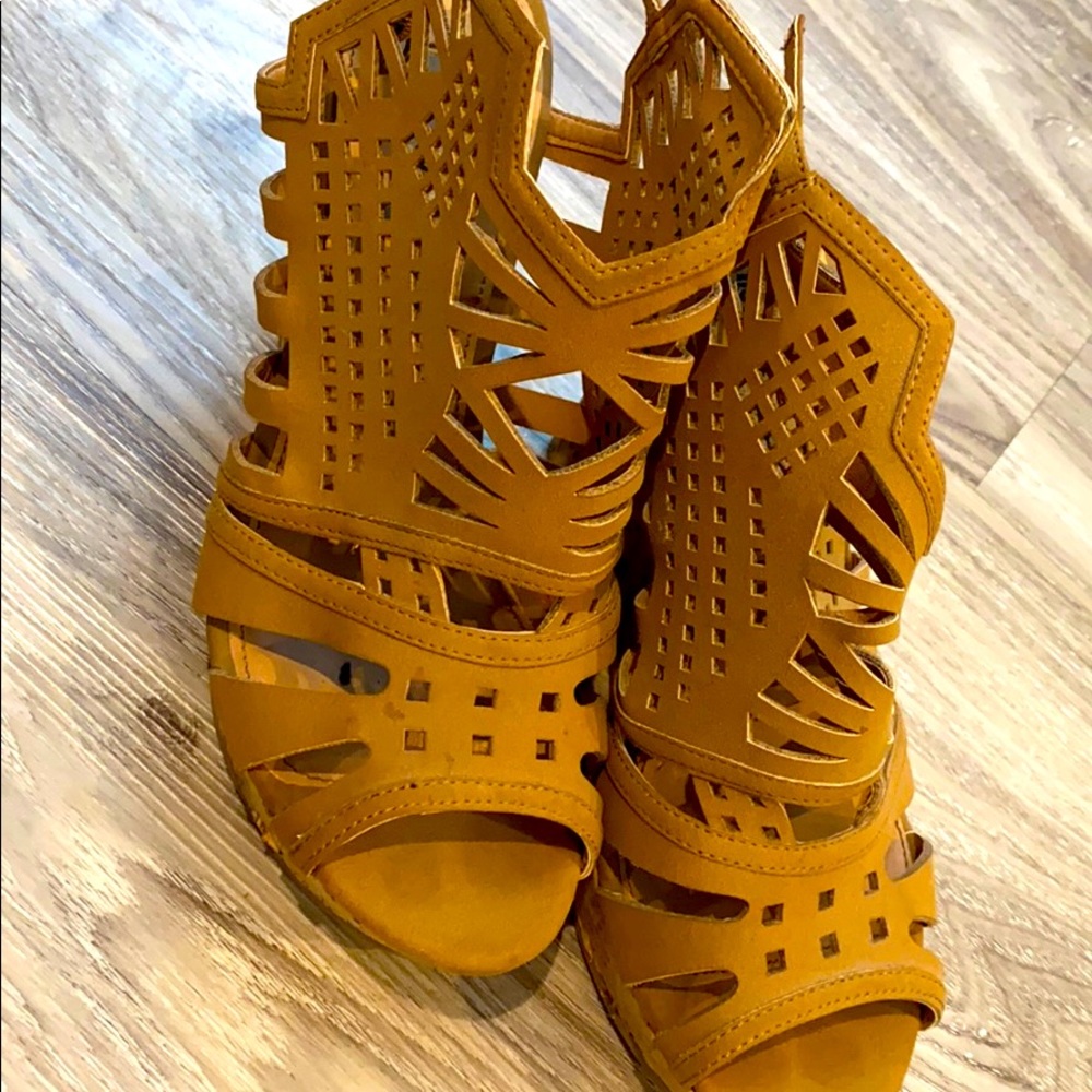 Caramel Brown Suede Boho Wedge Heels
